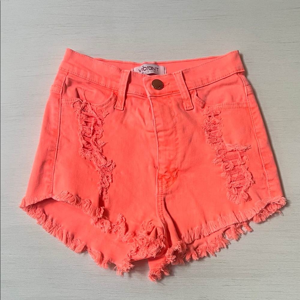 Vibrant Neon Orange Distressed Jean Shorts